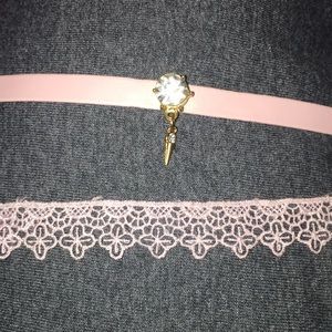 Pink lace choker & leather choker